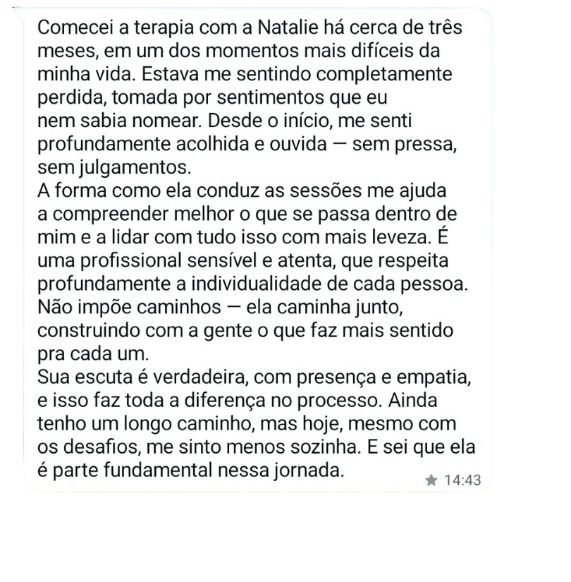 Depoimento de paciente sobre mudanças emocionais positivas com a terapia